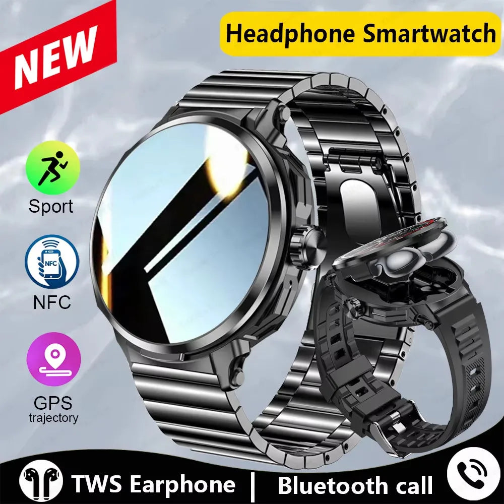 Men's TWS 2 in 1 Smart Watch Health Sport Monitor Wireless Bluetooth Call NFC with Heart Rate Blood Pressure Testing Fitness Tracker